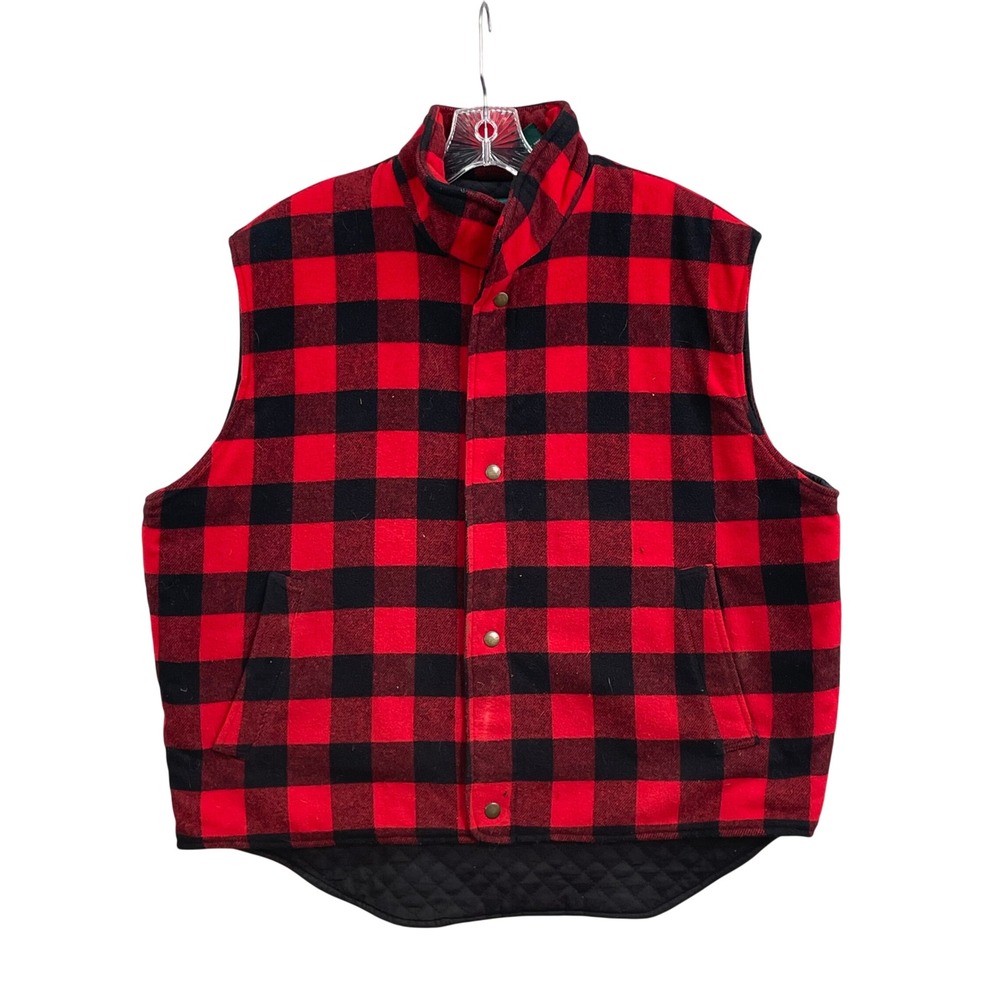 Claybrooke Outdoors Vest Mens Large Red Buffalo Plaid Wool Blend Snap Quilted